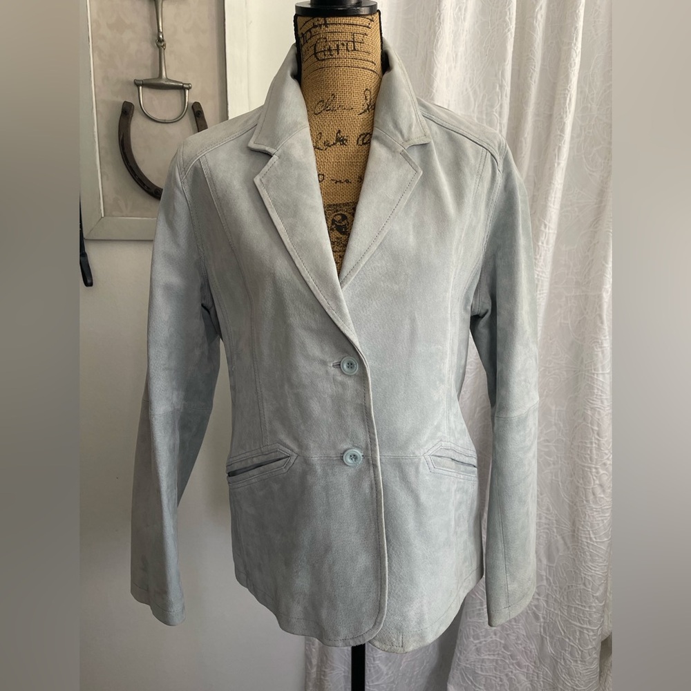 Vtg Denver Hayes Suede Leather 2 Button Blazer Jacket Pale Baby Blue Size M